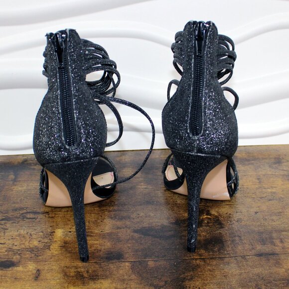 BETSEY JOHNSON KORA Size 8 Black Glitter Heels Pumps Open Toe Strappy Party - Picture 4 of 6